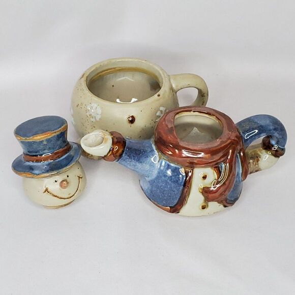 Stoneware Snowman Teapot Male Top Hat Blue Brown Snowflakes Christmas Winter - Picture 5 of 6